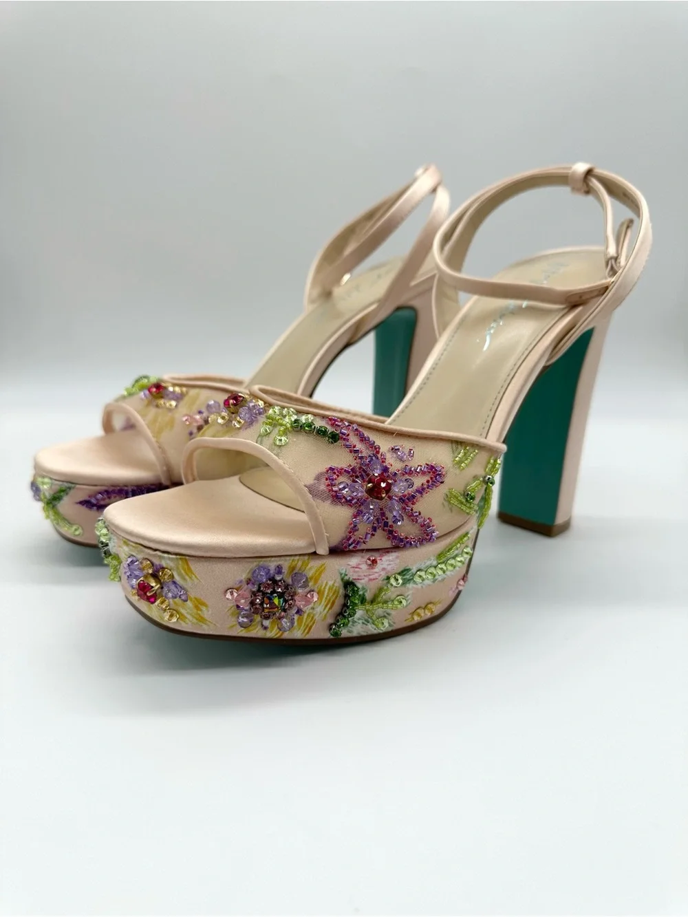 Betsey Johnson Viven Beaded Floral Platform Sandals Nude Teal Size 10 NWOB